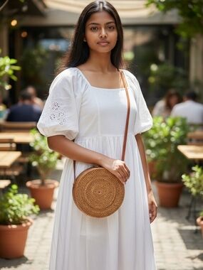 Woven Round Crossbody Bag in Tan — Classic Boho Style
